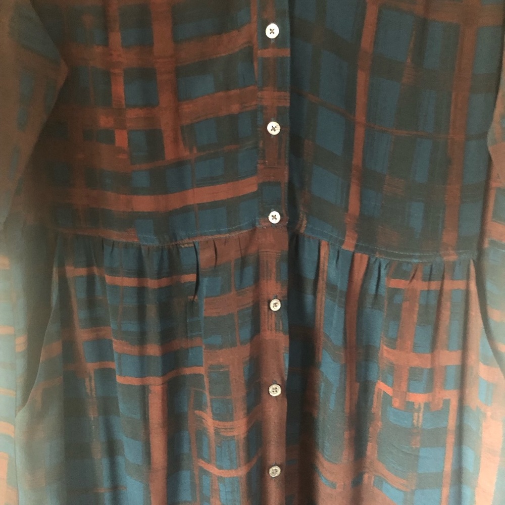 Poetry 100% silk blue/brown plaid dress with matching blue slip.